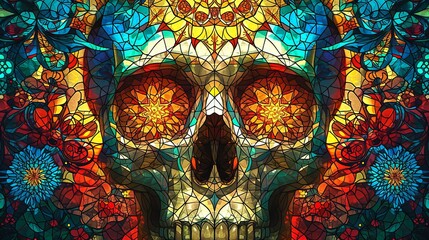 Stained glass window background with colorful skull abstract.	