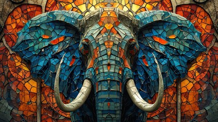 Stained glass window background with colorful elephant abstract.	