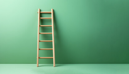 A wooden ladder against a light green color wall with a copy space background. Achieving goals and ladder to success concept - obrazy, fototapety, plakaty