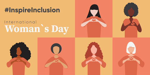 International Womens Day. Inspire inclusion 2024 campaign. Group of women of different ethnicity, age, hair color