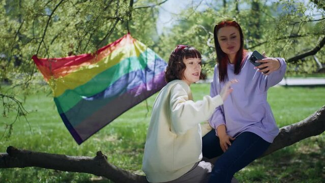In front of the camera pretty lgbt couple in the middle of the park using the smartphone they make a video call discussing with someone and feeling excited