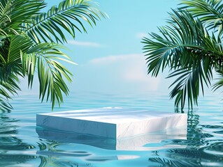 Tranquil Dawn: Marble Podium with Water Reflection and Tropical Foliage - 3D Render for Luxury Product Showcase