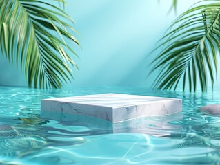 Fototapeta na wymiar Tranquil Dawn: Marble Podium with Water Reflection and Tropical Foliage - 3D Render for Luxury Product Showcase