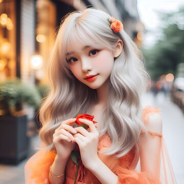 Most beautiful teenager girl with white hair in orange suit, portrait of girl AR0017