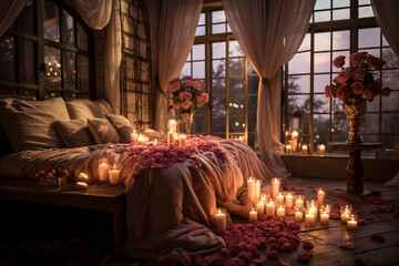 A cozy room illuminated by the soft glow of candles, with a bed covered in plush blankets and scattered rose petals, creating a warm and intimate Valentine's Day retreat. - obrazy, fototapety, plakaty