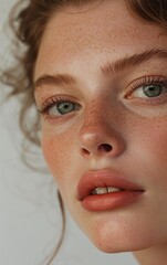 Beautiful young redhead woman with freckles on her face