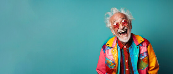 Happy laughing funny man of old senior age. Elderly person smiling, advertising banner background