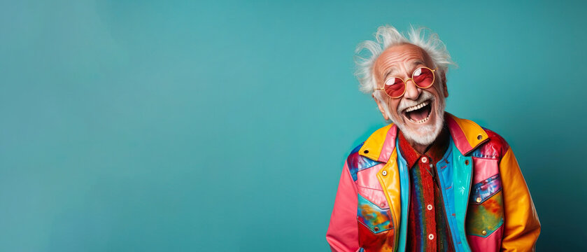 Happy laughing funny man of old senior age. Elderly person smiling, advertising banner background
