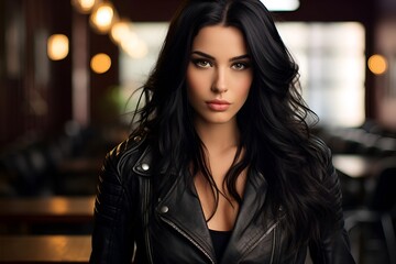 beautiful girl with long black hair wearing a black leather biker jacket