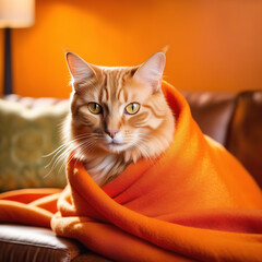 A ginger cat lies wrapped in an orange blanket in a chair in a blue blanket, soft set