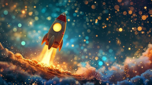 An enchanting cartoon-style rocket ship ascending, embodying goal achievement and aspirations