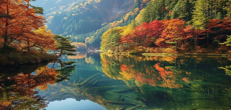 Summer's vibrant symphony unfolds at a Japanese mountain lake, where colorful trees paint a mesmerizing reflection on the clear water.