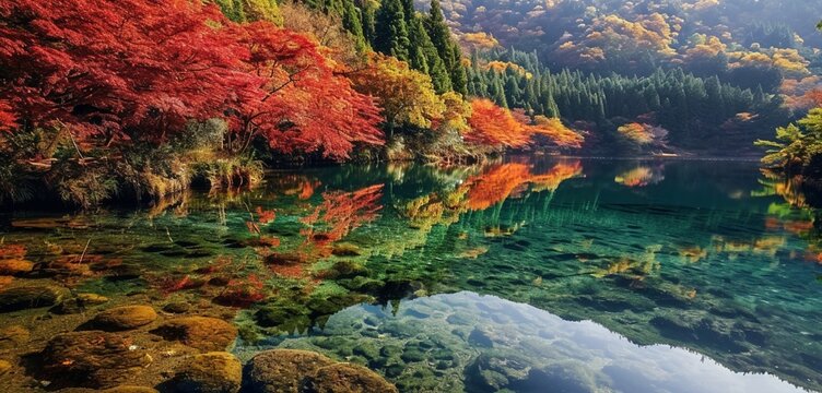 Summer's vibrant symphony unfolds at a Japanese mountain lake, where colorful trees paint a mesmerizing reflection on the clear water.