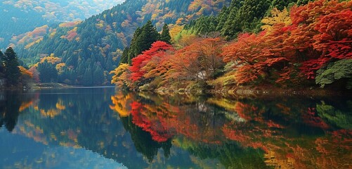 Obraz na płótnie Canvas Summer's vibrant symphony unfolds at a Japanese mountain lake, where colorful trees paint a mesmerizing reflection on the clear water.