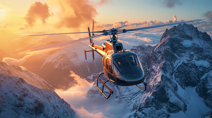 A bird's eye on a helicopter that combines strength and grace in flight along the mountains