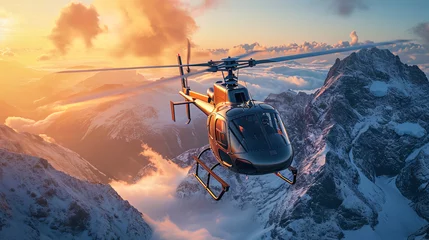 Foto op Plexiglas A bird's eye on a helicopter that combines strength and grace in flight along the mountains © JVLMediaUHD