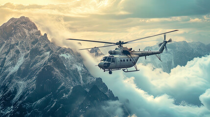 Fototapeta na wymiar A mighty helicopter, like an eagle, soars along the mountain peaks, breaking air into powerful vor
