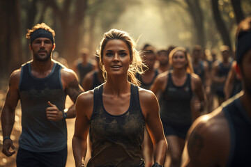 A group of people exercising together in a scenic outdoor location, highlighting the social and physical benefits of group workouts in natural settings. 
