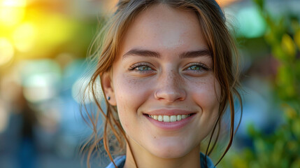 A photograph of a young woman with a sincere smile, as if she personifies freshness and sincere lu - obrazy, fototapety, plakaty