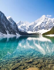 A lake between rocky snow-capped mountains. - obrazy, fototapety, plakaty