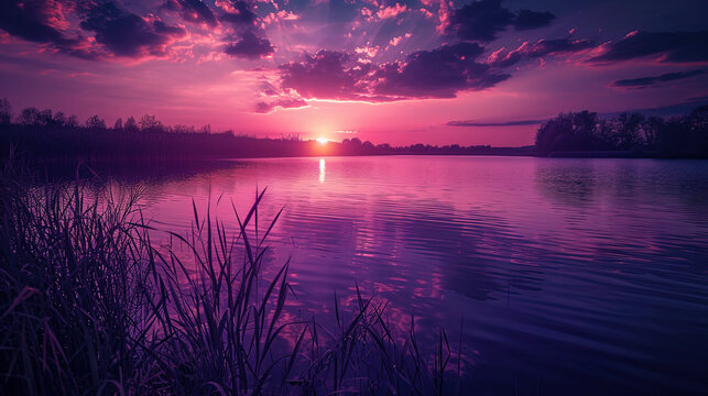 A photograph of a beautiful lake in shades of purple sunset seemed to immerse in the atmosphere of