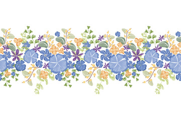 Floral border pattern seamless paisley embroidery with blue flower motifs background border frame. Ethnic pattern oriental batik vintage watercolour brush ikat style vector illustration design.