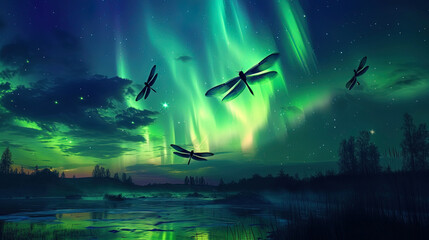 Dragonflies of light dance in the night waltz of the northern lights, creating an amazing light ba - obrazy, fototapety, plakaty