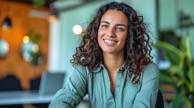 portrait of a handsome cheerful androgynous brunette with wavy hair in a cafe