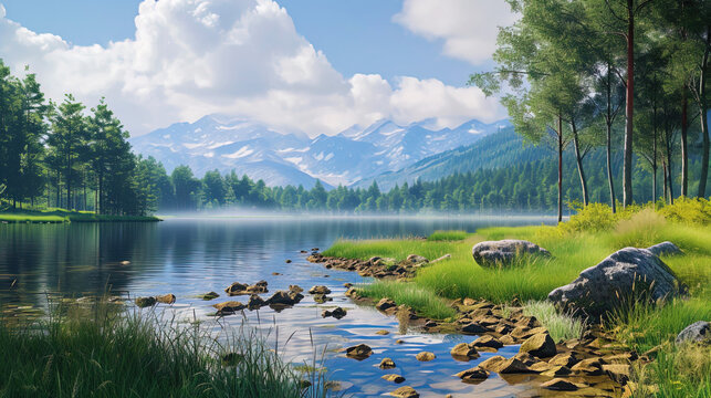 In the picture, bright contrasts of nature around the lake are visible, as if each element of the