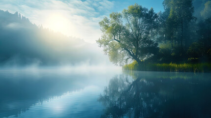 Photos of a beautiful lake in the morning fog creates an atmosphere of mystery and greatness of na