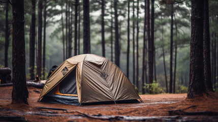 Camping tent in wet pine forest