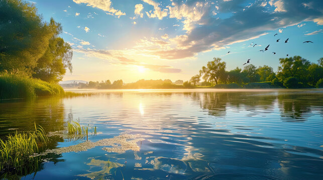 Photos of a beautiful lake conveys a feeling of calm and peace, as if water flows under the soft r