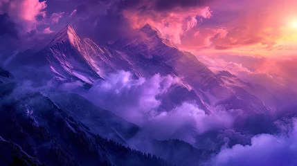Muurstickers Purple clouds surround the mountains, like dreams, staining nature in magical shades © JVLMediaUHD