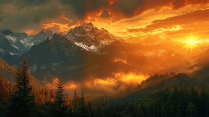 Sunset paints turn mountains into a picturesque canvas painted into warm, golden and orange shades