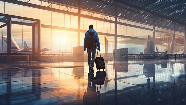 man is carrying a suitcase in an airport