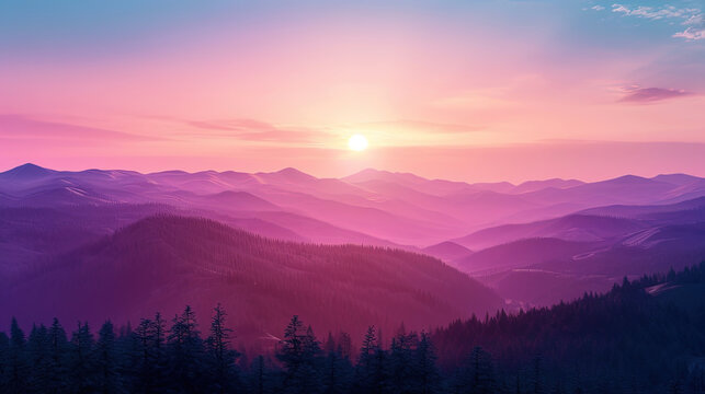Tender shades of peach and purple sunset give the mountains a magic aura, like a fabulous landscap