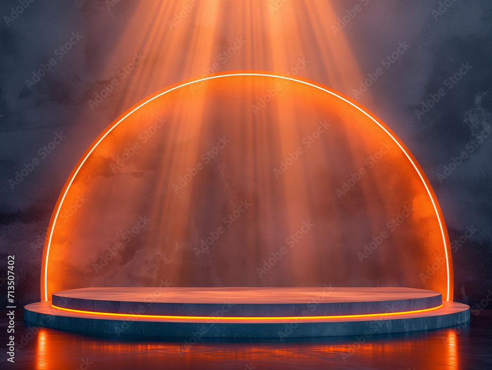Poster 3d empty product display podium for presentations. modern empty stage illuminated by dramatic orange