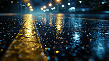 The deep blackness of the night emphasizes the brilliance of wet asphalt, like a dark varnish on a