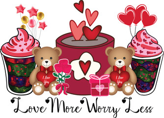 Love More Worry Less, Valentines Day T- Shirt Design, Valentine's T-Shirt design, Valentines creative t-shirt design vector. Typography graphic shirt design.