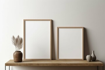 Two Empty Frames on Shelf Next to Vase