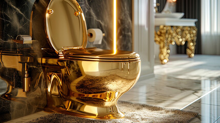 The gold toilet in the photo becomes not only a functional object, but also a work of art, emphasi - obrazy, fototapety, plakaty