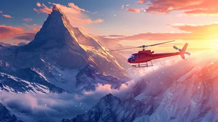 Foto op Plexiglas The helicopter conquers air spaces above the mountains, like a bird of freedom in its element © JVLMediaUHD