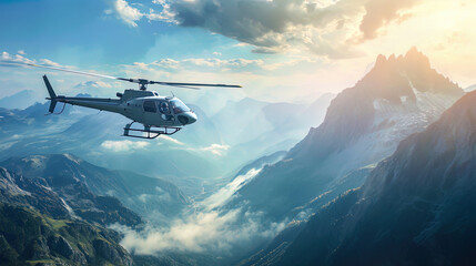 Fototapeta na wymiar The helicopter in the void of heaven can easily pierce the air along the mountains, creating a whi