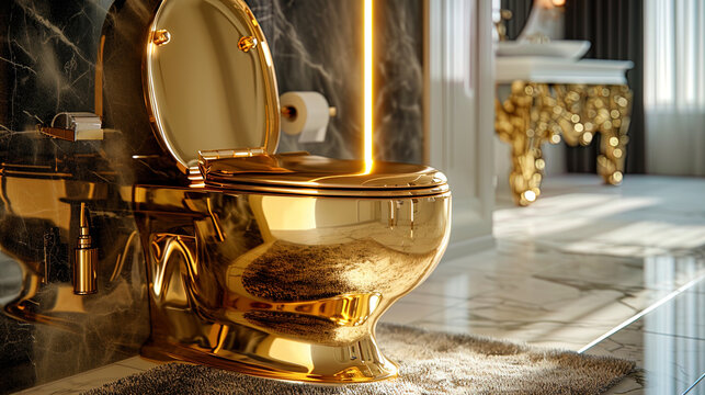 The gold toilet in the photo becomes not only a functional object, but also a work of art, emphasi