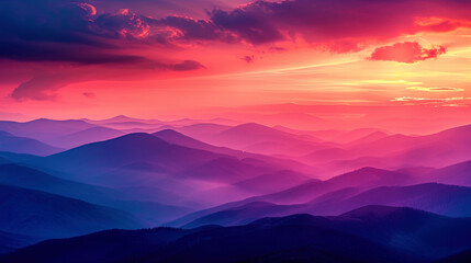 The mountains are shrouded in a fiery sunset, like a natural flame, staining the sky in shades of