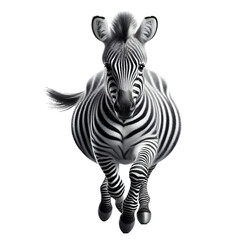 A zebra walks towards the camera. Isolated on white background.