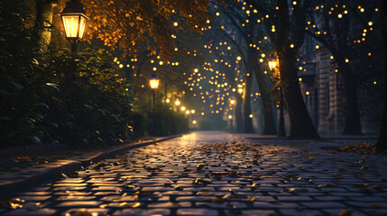 The mystical light of the city lanterns awakens the asphalt to life, creating a magical atmosphere - obrazy, fototapety, plakaty