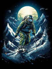 Fototapeta premium T-shirt design, Handsome boy skiing with snow mountains, illustration style created with Generative Ai