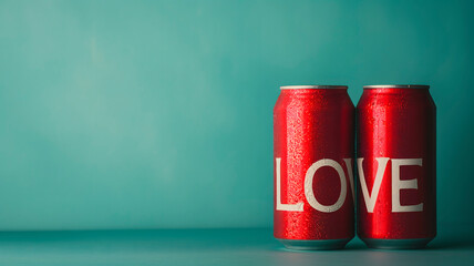 Dos latas  de refresco de color rojo con la palabra LOVE sobre un fondo azul para el dia de San Valentín - obrazy, fototapety, plakaty