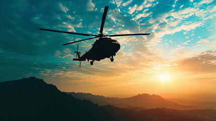 The silhouette of a helicopter flies in the sky, emphasizing the beauty of the mountains and magni